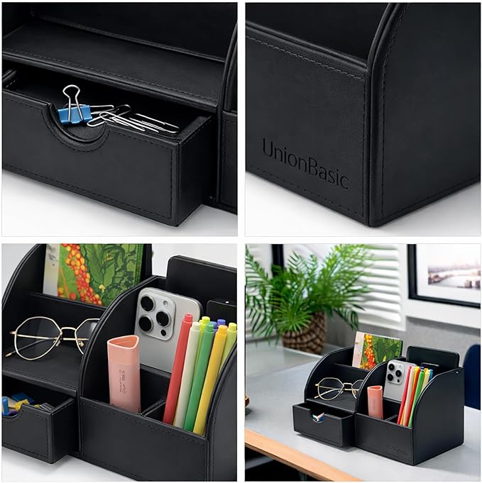 UnionBasic Desk Organizer - Multifunctional Leather Desktop Pen Holder Storage Box - Business Card/Pen/Pencil/Mobile Phone/Stationery Holder, Black