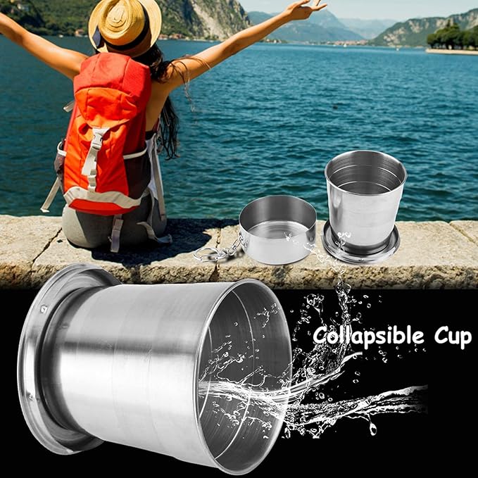Tiiyee Stainless Steel Collapsible Cup, Folding Camping Cup Portable Shot Glass Foldable Drinking Cup Drinkware with Lid and Keychain for Outdoor Travel Picnic Fishing Hiking Cycling Water, 250ml