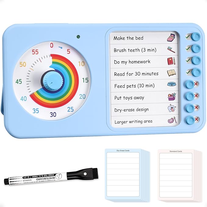 2-in-1 Visual Timer with Task Board for ADHD & Autism, Dry Erase Chore Chart and Visual Schedule for Kids & Adults, Rainbow Countdown Timer for Classroom, Home, Homeschooll (Blue)