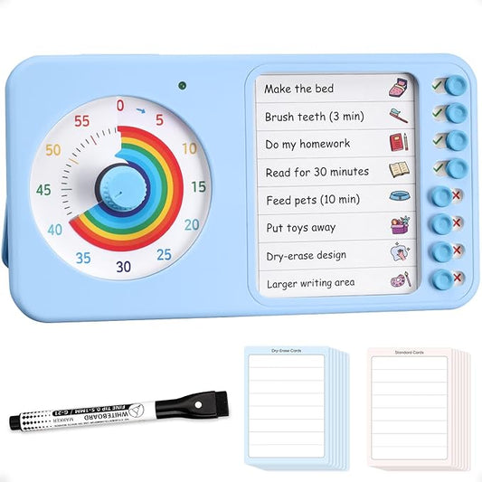2-in-1 Visual Timer with Task Board for ADHD & Autism, Dry Erase Chore Chart and Visual Schedule for Kids & Adults, Rainbow Countdown Timer for Classroom, Home, Homeschooll (Blue)
