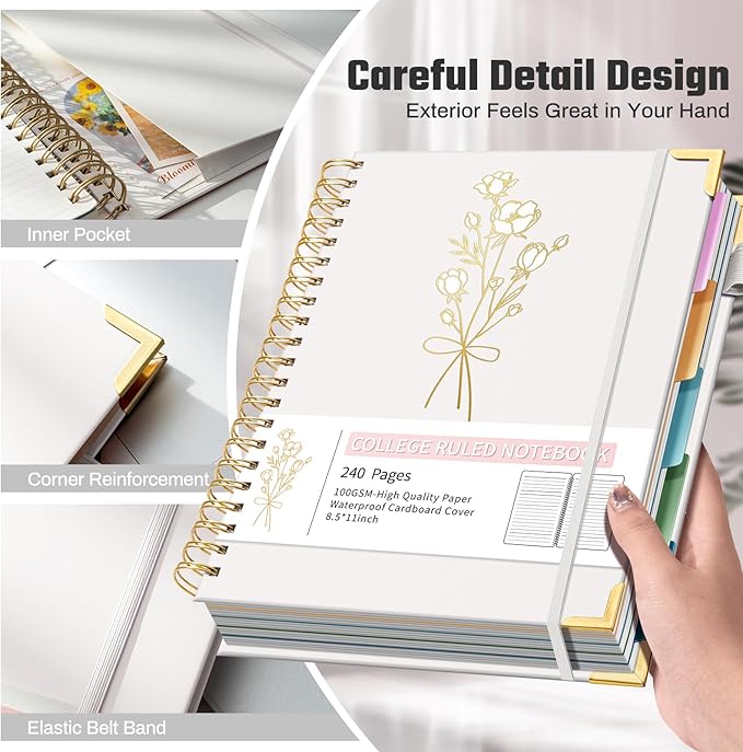 Hardcover Spiral Notebooks 8.5" X 11" Note Taking 5 Subject Notebook College Ruled with Dividers 240 Pages 100GSM Aesthetic Spiral Notebook for Work School Cute Journals for Women Writing, White