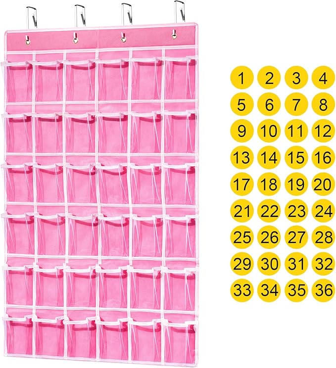 ANSTROUT 36 Clear Pockets Classroom Pocket Chart for Cell Phones, Pocket Chart Organizer for Calculator Holder with 36 Number Sticker Classroom Hanging Cell Phones Organizer (Pink)
