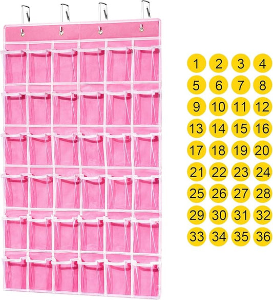 ANSTROUT 36 Clear Pockets Classroom Pocket Chart for Cell Phones, Pocket Chart Organizer for Calculator Holder with 36 Number Sticker Classroom Hanging Cell Phones Organizer (Pink)