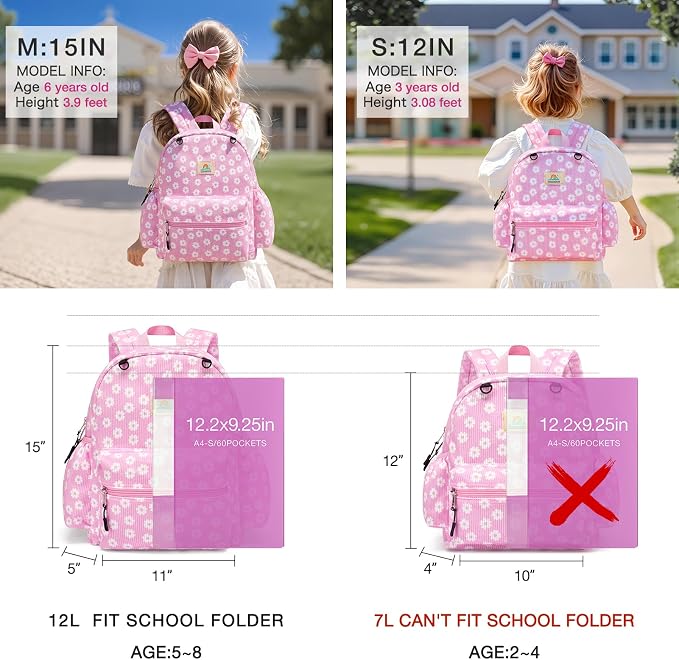 STEAMEDBUN Corduroy Kids Backpack for Girls and Boys 5-8: Girls Backpack for Elementary Kindergarten - 15 inch Cute Backpacks for Kids - Pink Daisy
