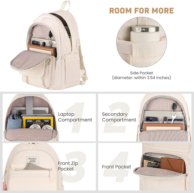 WINDARS School Backpack for Teen Girls, Cute College Backpacks for Women Students Aesthetic Bookbag Large 15.6 Inch Laptop Bag Middle School Travel Back Pack (Beige)