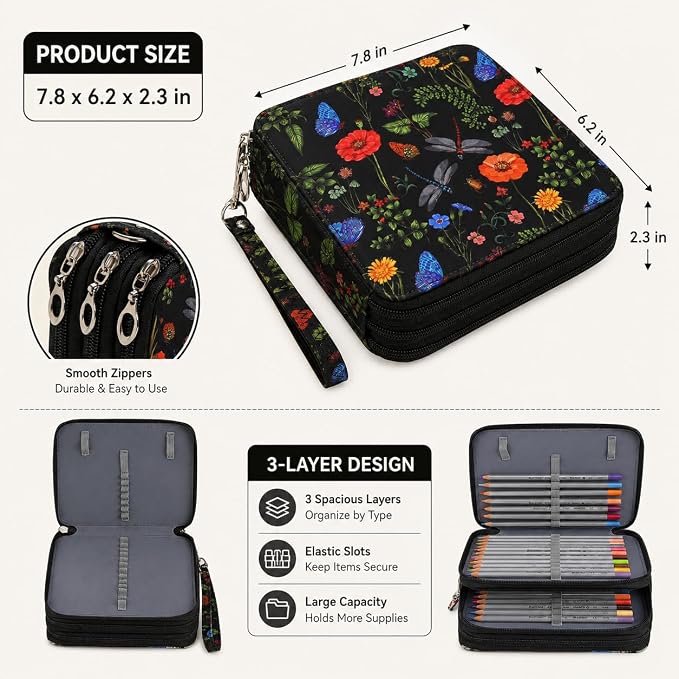 72 Slots Colored Pencil Case Organizer, 3 Layer Bag | Twill Oxford fabric, 75 elastic loops, detachable handle, for travel, home storage, drawing tools, creative gifts