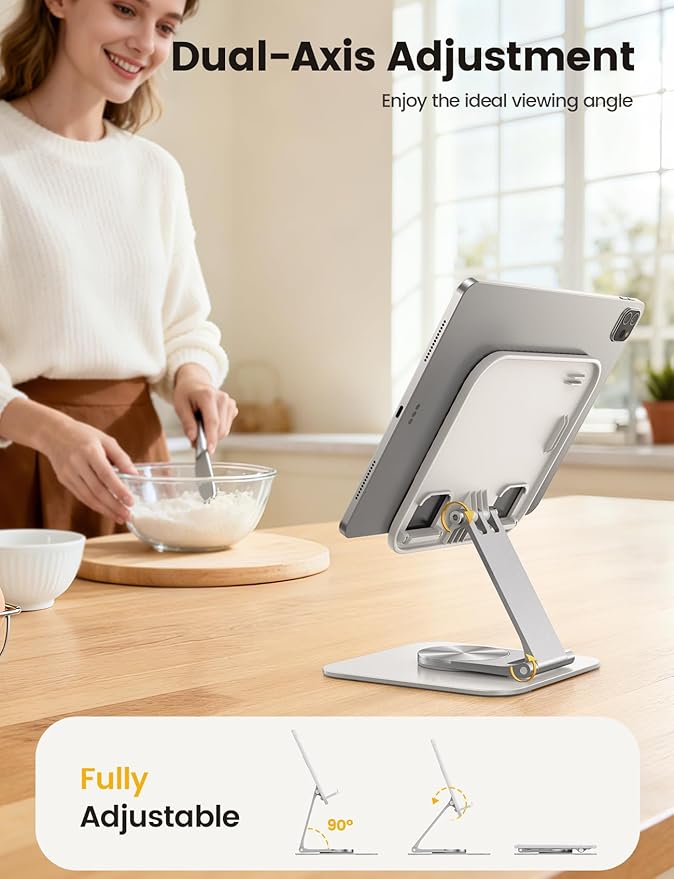 Lamicall Tablet Stand Holder for Desk - [Ultra-Slim Foldable][360°Rotation] iPad Holder Stand, 360° Rotatable Desktop Tablet Holder, Tablets Accessories for 4.7-13" iPad, Switch, Phone (White)