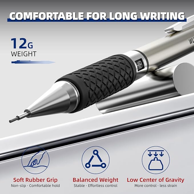 WUO 0.7 mm Mechanical Pencil Set with Eraser Pen Storage Case, 6 PCS | Metal Drafting Pencils, 360 HB Lead Refills, 3x4B Erasers, 12 Eraser Refills for School Artist Writing Drawing Sketching