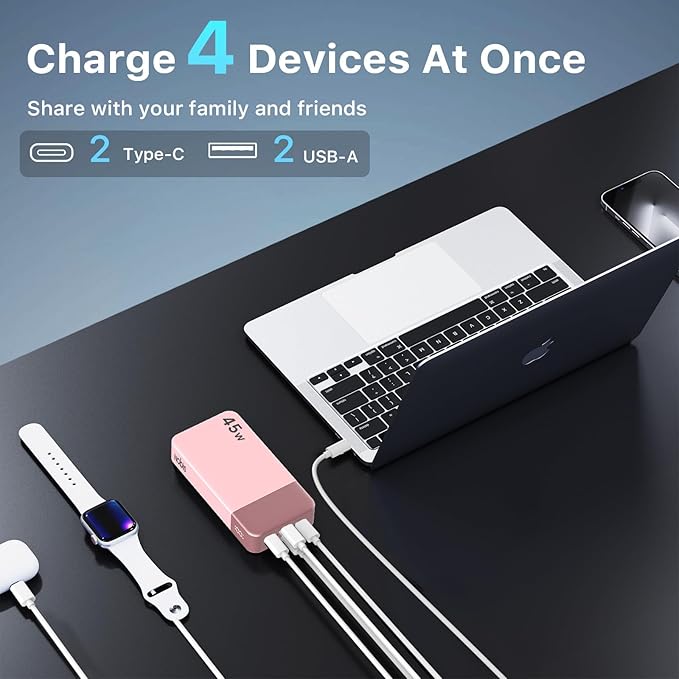 NOBIS Portable Charger, 20000mAh Power Bank, 45W Power Bank Fast Charging, Battery Pack with C to C Cable, Battery Bank with Digital Display for Phone Android Laptop etc (Pink)