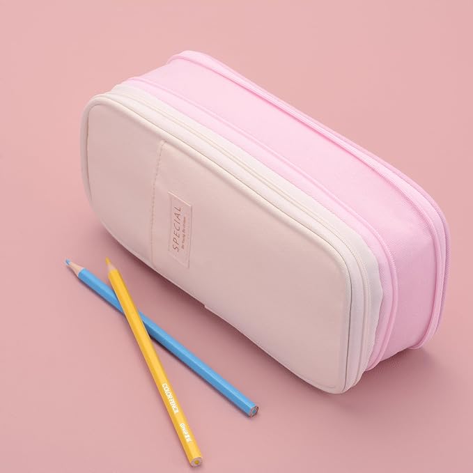 Large Capacity Big Special Cute Aesthetic Preppy Canvas Pencil Case Organizer Holder Pouch Bag with Zipper Compartments, Pen Cases for Women Girls School Adults (Beige/pink)