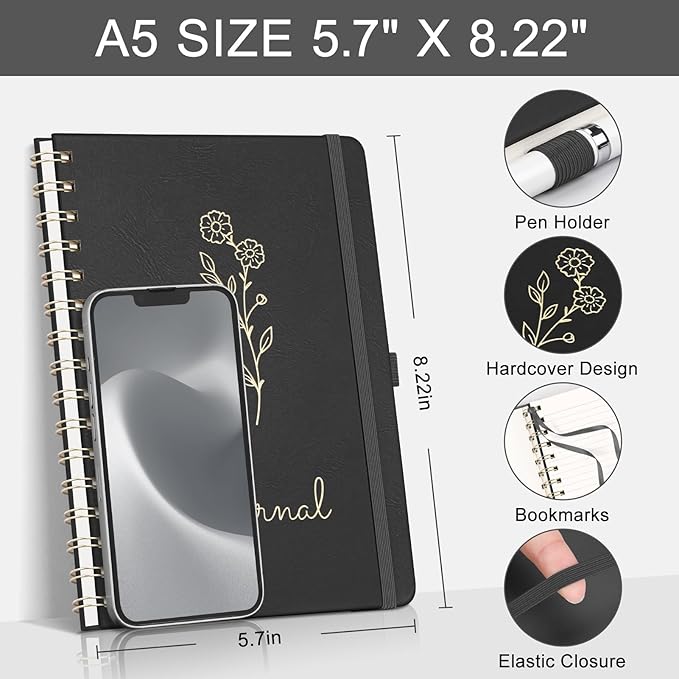 EMSHOI A5 College Ruled Spiral Notebook, 140 Numbered Pages, 100GSM Ink-Proof Faux Leather Hardcover Lay-Flat Lined Journal for Work Office School Writing, Small 5.7"x8.22", Black