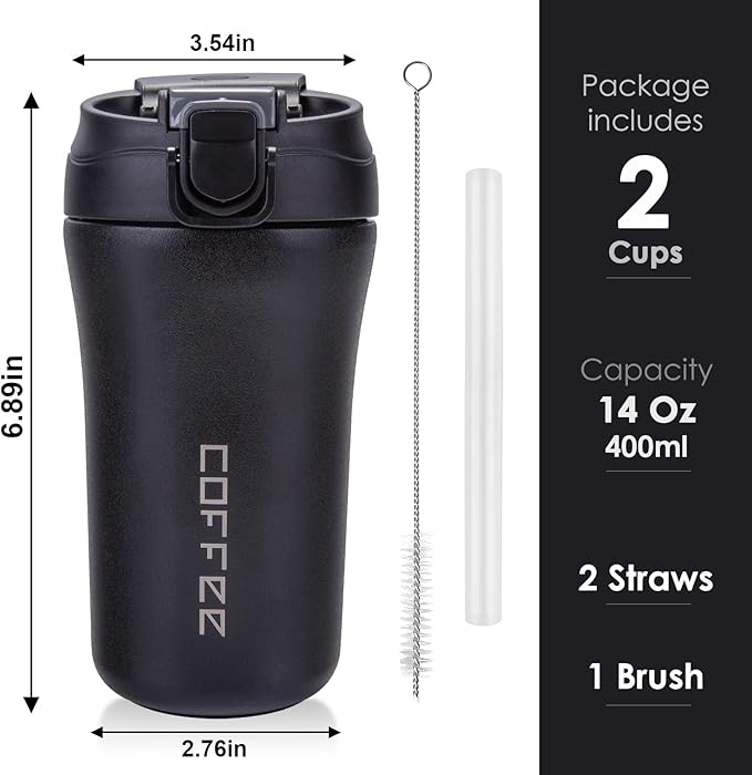 14 oz Travel Coffee Mug, 2 Pack Vacuum Insulated Coffee Travel Mug Spill Proof with Lid and Straw, Stainless Steel Reusable Coffee Tumbler for Hot and Cold Drinks, Gift for Men and Women(Black White)