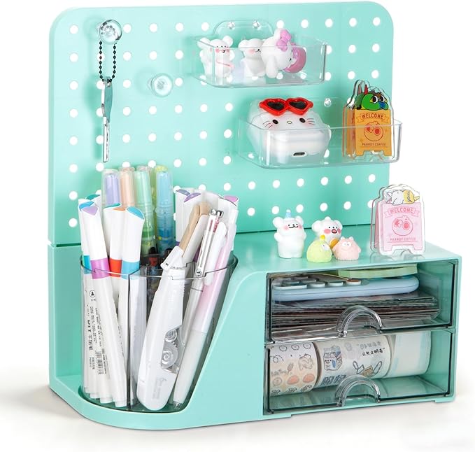 Comix Desk Organizer with Drawer, 360° Rotating Pen Holder for Desk, Pen Organizer with 5 Slots Pencil Holder+Pegboard+2 Drawer for Office Home Art Supplies (Green)