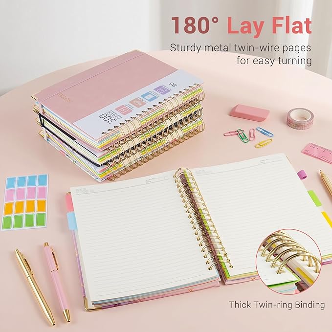 Hardcover Spiral Journal Notebook, 300 Pages 5 Subject Notebook College Ruled with Removable Dividers Tabs, 8" x 10" Notebooks for Work, Spiral Ruled Lined Writing Journal Hardcover Leather Notebook for School (Blue and pink flowers, 8''x 10'')