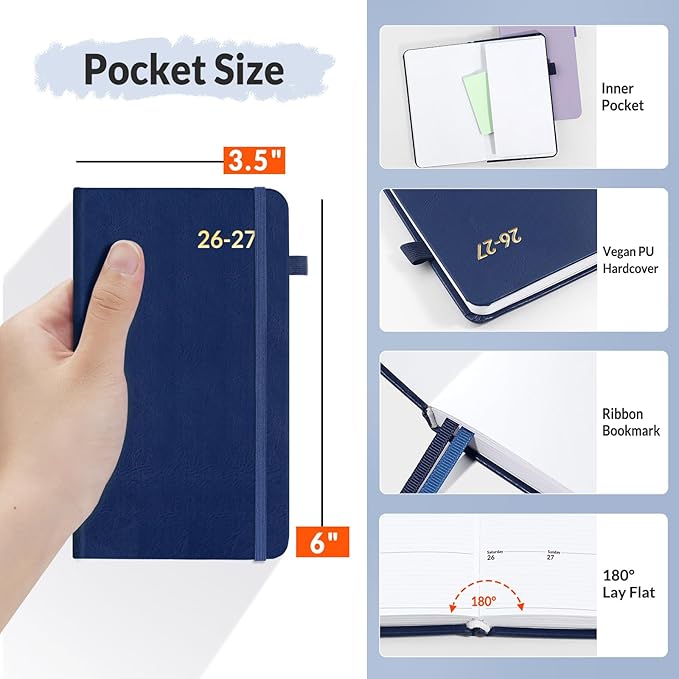 SUNEE 2026-2027 Pocket Weekly Planner for Purse 3.5" x 6" - 12 Month (July 2026 - June 2027) Academic Year Calendar, Pocket Size Planner, Hardcover, Note, 100 GSM Paper, Deep Blue
