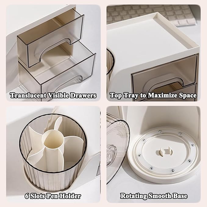 SAYEEC Rotating Desk Organizer with 2 Drawer 6 Slots Multi-Functional Pencil Pen Holder Desktop Makeup Organizer Stationery Accessories Storage Box Caddy for Office School Home Art Supplies (White)