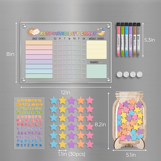 Acrylic Magnetic Kids Chore Board & Star Reward Jar - Dry Erase Fridge Calendar with Erasable Markers, Wooden Stars & DIY Stickers for Visual Schedule, Behavior Tracking & Potty Training Toddlers