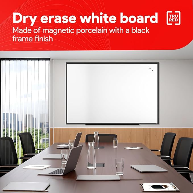 TRU RED Magnetic Porcelain Whiteboard | Dry Erase Board for Wall, White Board with Black Frame, 6 ft x 4 ft, 4 Chisel Tip Markers Included