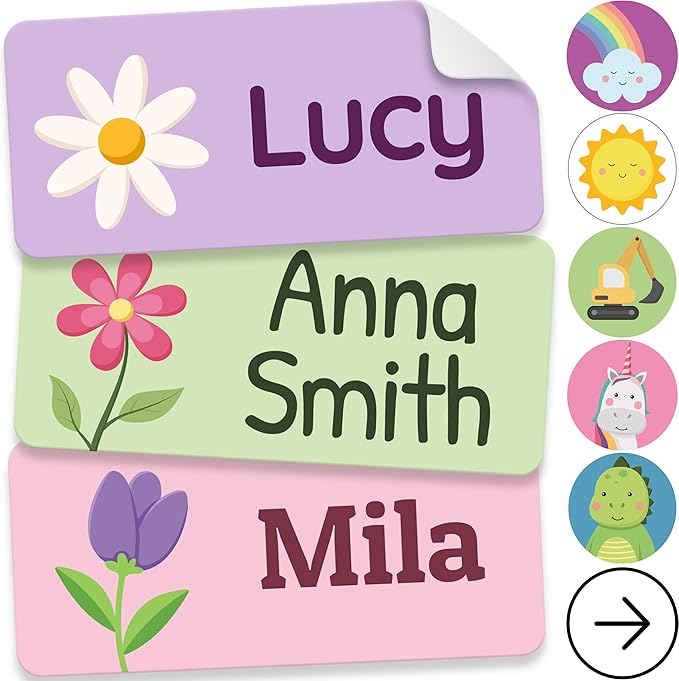 Personalized Name Labels for Kids (140 Labels) - Durable & Waterproof Custom Name Stickers for Clothing Tags, School Supplies, Camp & Daycare - Flowers (1.2”x0.5”)