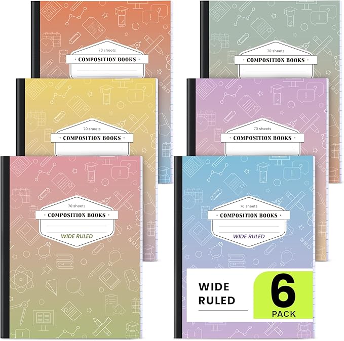 Oucaru Composition Notebook 6 Pack Wide Ruled, Gradient Cover Notebooks for School, 70 Sheets 7-1/2"x9-3/4, Back to School Supplies Journal for K-12 Students