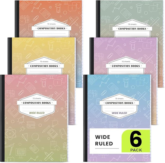 Oucaru Composition Notebook 6 Pack Wide Ruled, Gradient Cover Notebooks for School, 70 Sheets 7-1/2"x9-3/4, Back to School Supplies Journal for K-12 Students