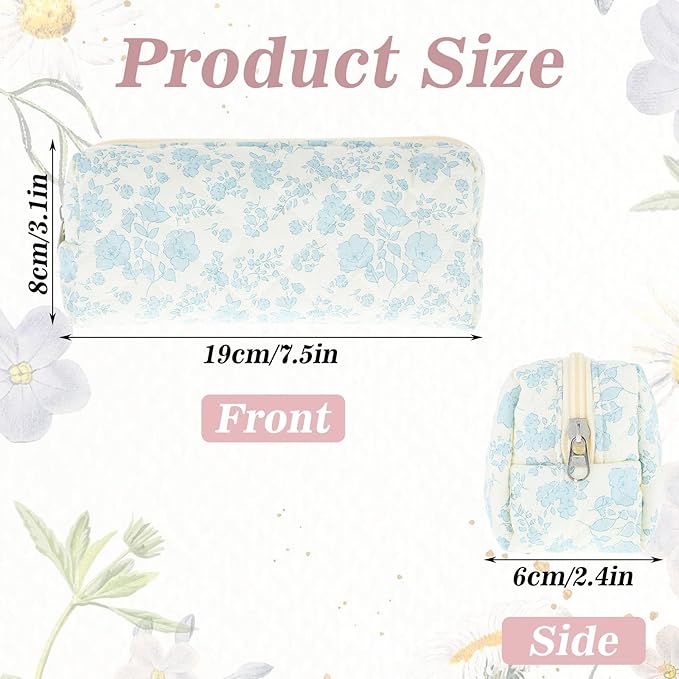Cute Pencil Case, Aesthetic Flowers Pencil Pouch, Portable Pen Bag Wide Opening, Soft Quilted Pencil Pouch Organizer with Zipper for Office College Storage Makeup Pouch, Blue Flowers