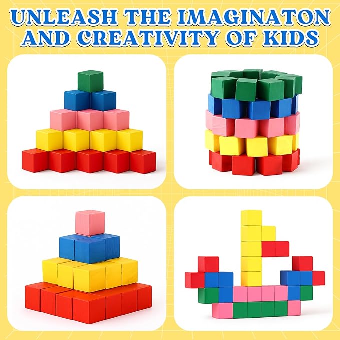Deekin 100 Pcs Wooden Cube Blocks Bulk 5 Color Geometric Solid Mini 3D Shape 0.7 Inch Math Teaching Building Stacking Block for Classroom Learning Block Creative Play DIY Craft