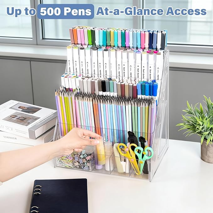 CELSOL Acrylic Desk Organizer – 5 Tier 25 Compartments Vertical Storage for Pens, Markers, Art Supplies & Office Accessories – Clear Desk Storage Solution for Home, Office & School