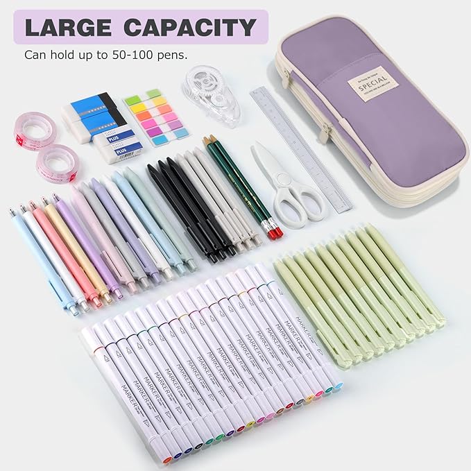 Large Capacity Pencil Case with Zipper, Aesthetic Pencil Pouch, Portable Stationery Organizer Bag for Teen and Adults, Big Pencil Bag for College, Office, Travel - Purple