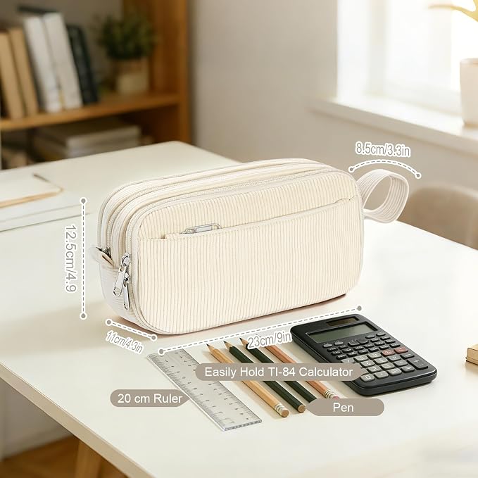 TESAFNG Corduroy Pencil Case, Large Capacity Pencil Pouch with 4 Compartments, Cute Soft Aesthetic Stationery Pen Bag Organizer with Zipper, Portable School Supplies for Teen and Adult Girls, Beige