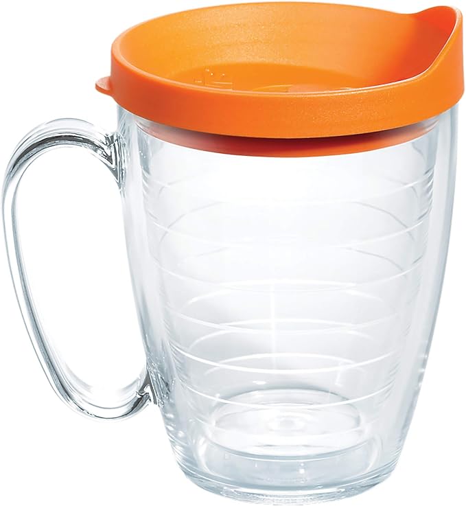 Tervis Clear & Colorful Lidded Made in USA Double Walled Insulated Tumbler Travel Cup Keeps Drinks Cold & Hot, 16oz Mug, Orange Lid