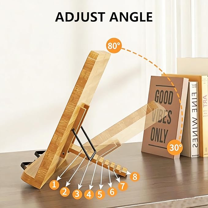 Bamboo Adjustable Book Stand, Large Wood Book Holder for Reading, Cookbook Stand for Kitchen Home Office, Sturdy Book Holder with Easy Installation