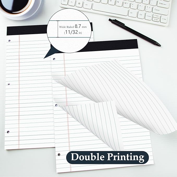 HAUTOCO 6 Pack 8.5 x 11 Legal Pads White Wide Ruled Notepads Perforated Writing Pads, 30 Sheets Per Notepad, 3-Hole Punched Paper, Writing Note Pads for School, Home, Office, Business