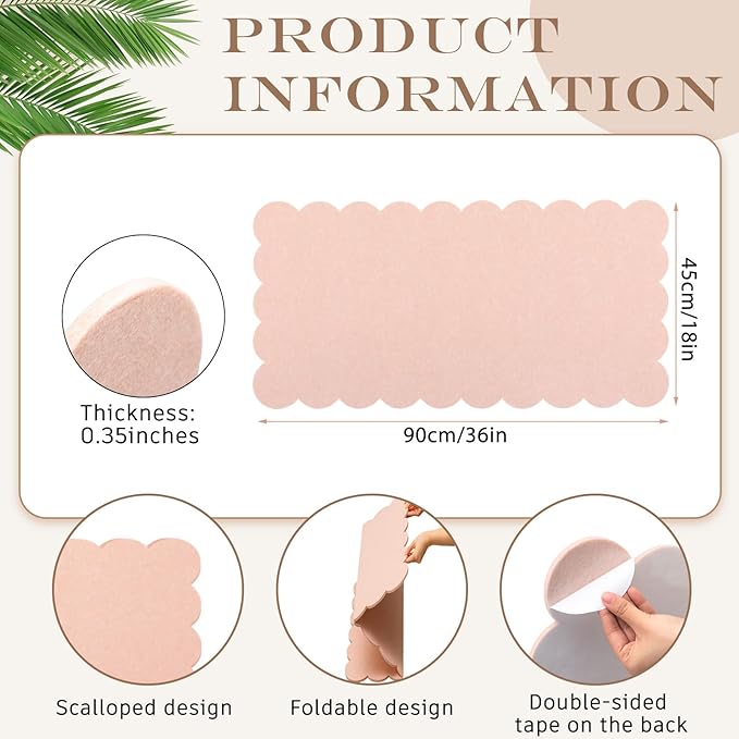 Mooliwe Scalloped Felt Bulletin Board 36 x 18 Inches Foldable Flesh Pink Pin Cork Board Alternative for Wall, 3' x 1.5' Trifold Picture Vision Self Adhesive Bulletin Decorative
