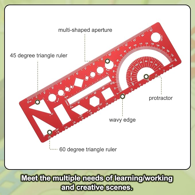 HARFINGTON 2pcs Multifunctional Geometric Rulers 15cm Metric and SAE Aluminum Straight Edge Protractor Angle Math Measuring Ruler Geometric Drawings Templates for Drawing Drafting, Red