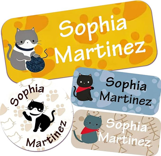 Waterproof Custom Name Stickers (135 Labels) - Personalized Daycare Labels for Clothing, Water Bottles, Lunch Boxes & School Supplies - Ideal for Camp & Daycare - No-Iron (Purr-FECT Kittenss)