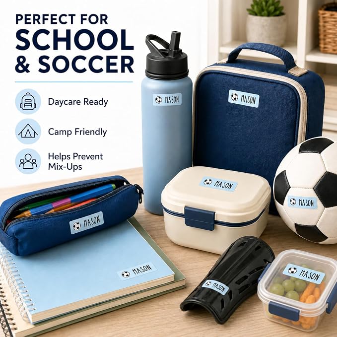 Andaz Press Custom Personalized Waterproof School Name Labels, Soccer, 120-Pack, Kids Labels Combo Pack, Customizable Multi-Use Name Stickers Personalized School Supplies Camp Label Daycare Stickers