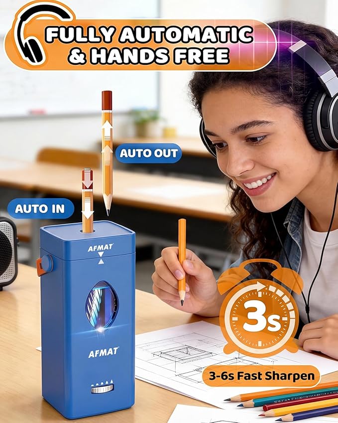 AFMAT Electric Pencil Sharpener, Fully Automatic Pencil Sharpener for 6-12mm No.2/Jumbo Pencils, Auto in & Out, 5 Sharpness Modes, Rechargeable Heavy Duty Sharpeners for Classroom/Home/Office PSC7
