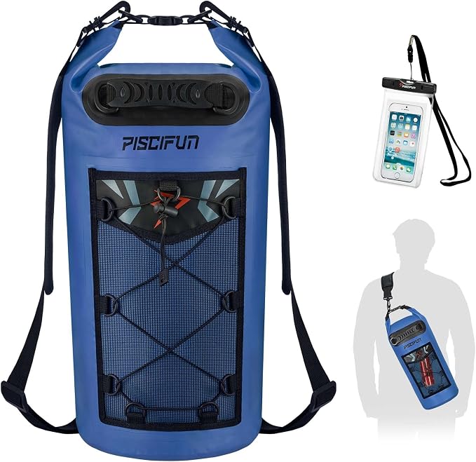 Piscifun Dry Bag, Waterproof Floating Backpack 10L/20L/30L/40L | Waterproof Phone Case, Adjustable shoulder straps, Roll-top closure keeps gear dry, Ideal for Boating, Kayaking, Fishing