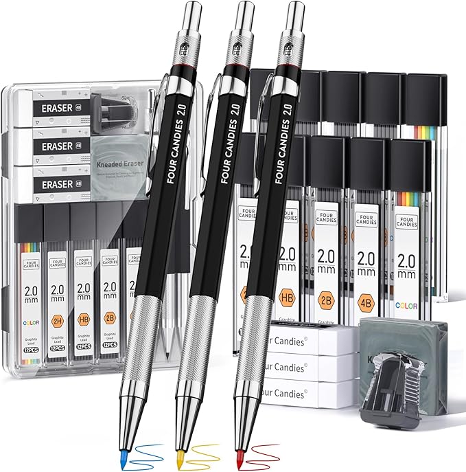 Four Candies 19PCS 2MM Mechanical Drawing Pencils with Case, Metal Art Lead Pencil with 120 Graphite Lead Refills (HB 2H 2B 4B Color), Kneaded Eraser, Sharpener, for Drafting, Drawing, Sketching