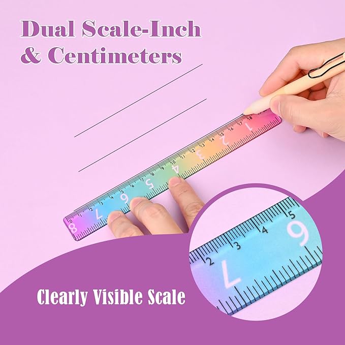 BAYTORY 6Pcs 8inch/20cm Acrylic Straight Rulers, Transparent Gradient Color Rulers, Shatterproof Rainbow Color Measure Stationery with Centimeters, for School Classroom Student (8inch/20cm)