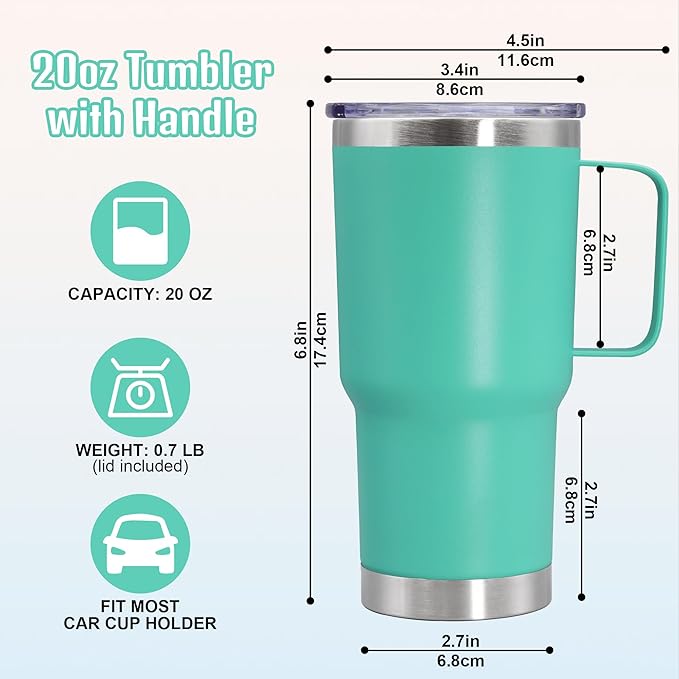 20 oz Tumbler with Handle and Lid, Stainless Steel Tumbler Insulated Travel Coffee Mug, Spill Proof Double Wall Vacuum Tumbler Cup Keep Drink Hot & Cold, Light Blue, 1 Pack