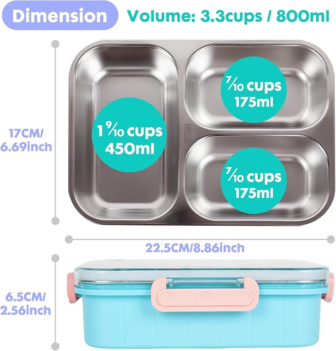 Stainless Steel Bento Lunch Box for Kids, 800ml/27oz BPA-Free Leak-Proof Food Containers with 3 Compartments, Freezer & Dishwasher Safe, Back to School Students Lunches Size for Ages 3-7