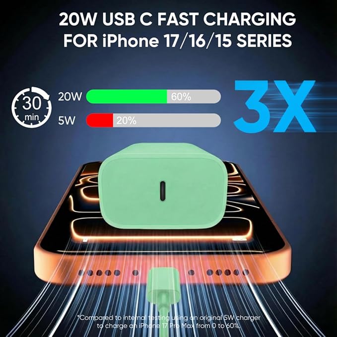 iPhone 17 16 15 Charger Fast Charging 6FT+10FT Cable, 20W USB C Charger, USBC Wall Charger for i Phone 17 Air 16 16e/16 Pro/16 Pro Max/15/15 Plus/15 Pro/15 Pro Max,i Phone iPad Pro/Mini (Green)