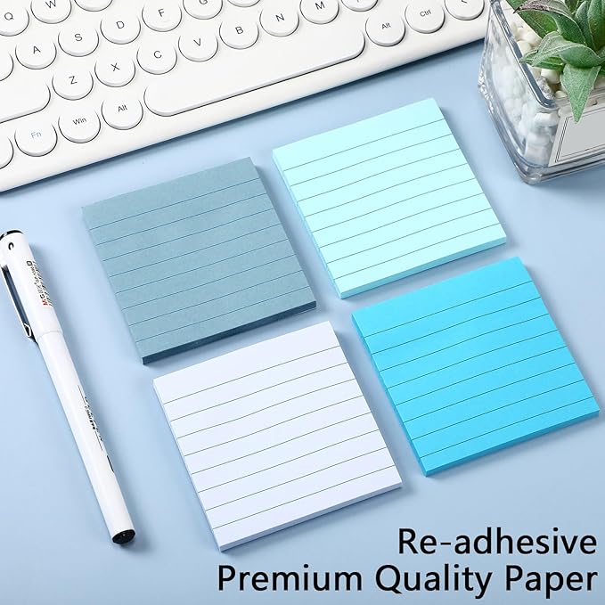 AmazingSpark 12 Pack Blue Lined Sticky Notes 3x3 inch Post Ruled Stickies Super Self Stick Power Memo Pads Multi Colors Notes Pads Vintage Aesthetic School Office Supplies Accessories