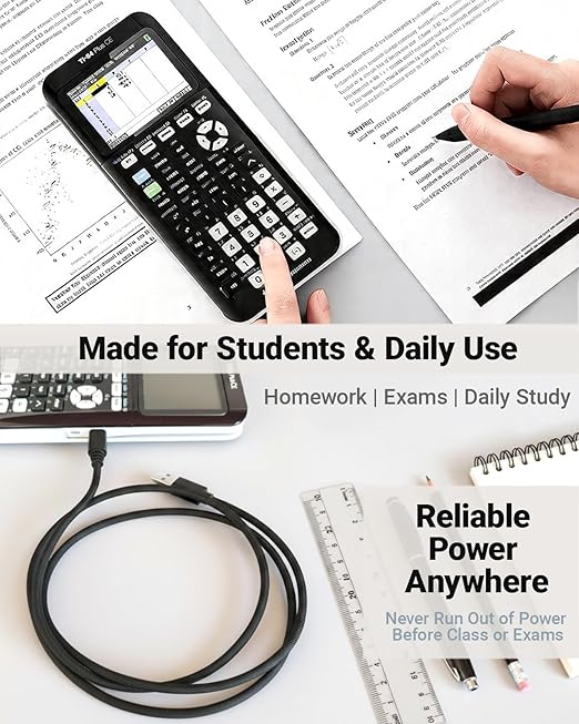 Mini USB Charger Cable for Texas Instruments TI-84 Plus CE/TI-84 Plus C Silver Edition/TI-89/TI-Nspire CX & CX CAS Graphing Calculators, Nylon-Braided 3FT Charging & Data Cord with Cable Tie