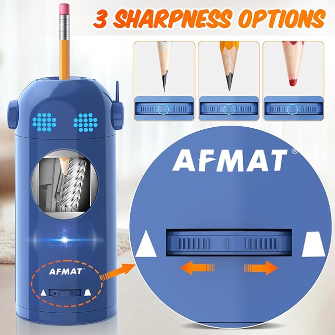 AFMAT Electric Pencil Sharpener, Fully Automatic Colored Pencil Sharpener for 7-11.5mm Pencils, Auto in & Out, Robot Pencil Sharpener for Kids, Rechargeable Hands-Free with Dotted Eyes, PSX5ET, Blue