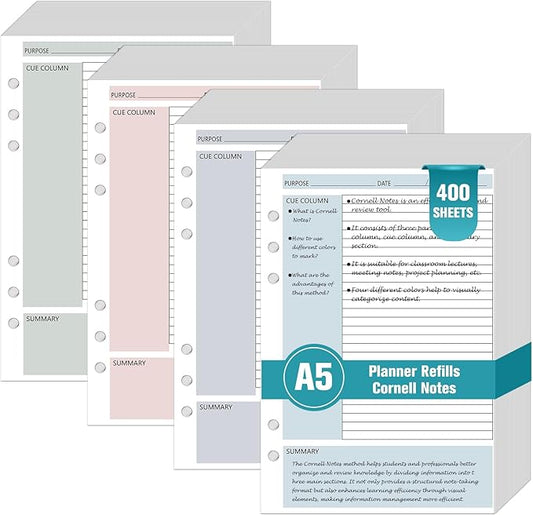 400 Sheet Cornell Notes Refill Paper A5 Planner Inserts for 6 Ring Binder 0.2" Spacing A5 Loose Leaf Cornell Notebook Refills Taking System Filler Paper Bulk for School Office Business 80gsm