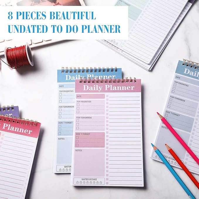 8 Pack To Do List Notepad 25 Page Undated Daily Planner Notepad To Do List Notebook Spiral Waterproof with Task Checklist for Home Office School Supplie Schedule Work(7.8 x 5.2 Inch,Cute Color)