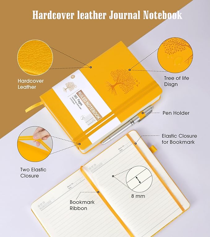 Lined Journal Notebook -365 Pages A5 Thick Journals for Writing College Ruled Notebook, Hardcover Leather Journal for Women Men, Daily Journal Notebook for Work, Note Taking, 100Gsm Lined Paper ( 5.75'' X 8.38'' Yellow)